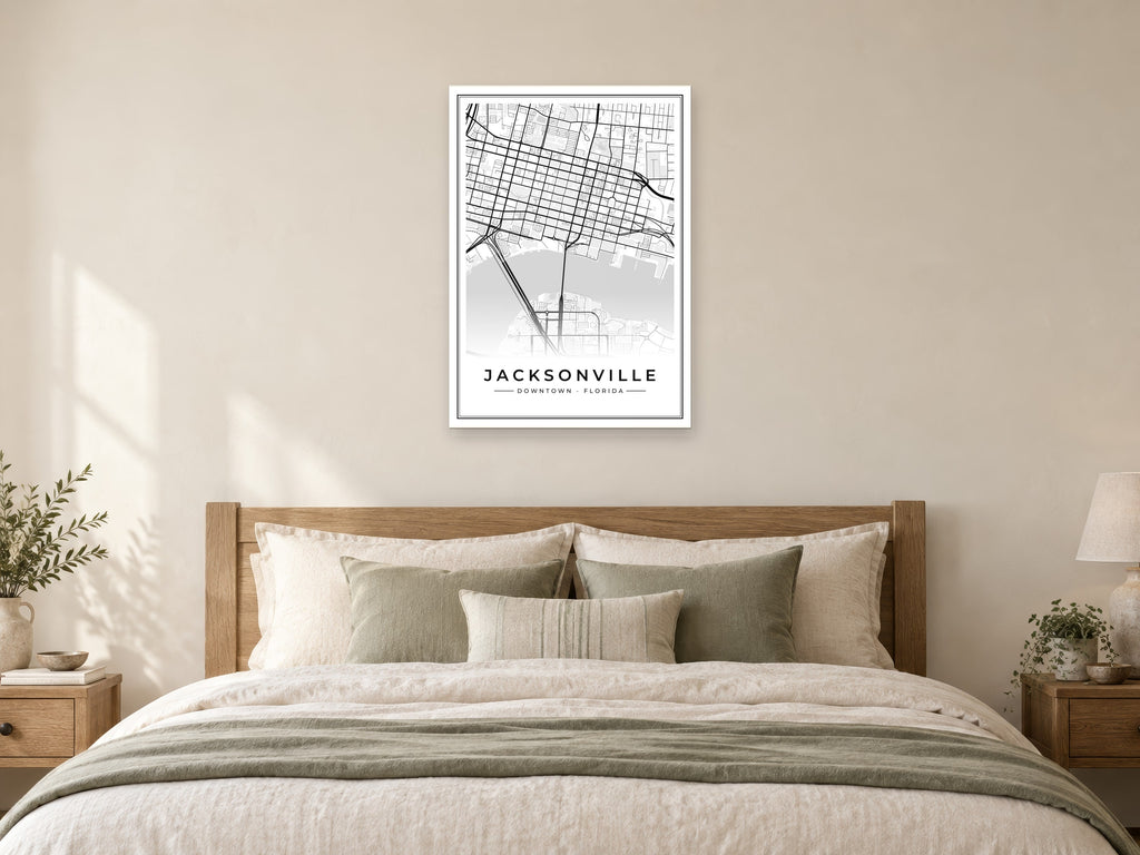 Jacksonville Downtown Street Map Poster at A1, as a poster, above a bed