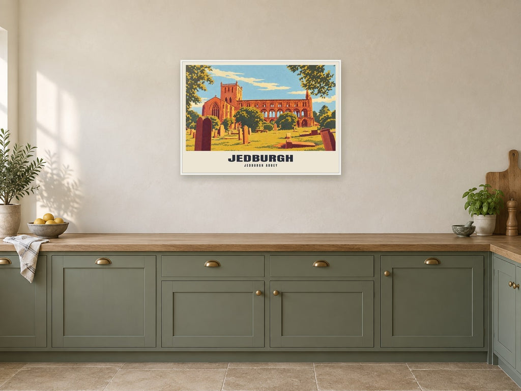 Jedburgh Abbey Poster at A1, in a white frame, in a kitchen