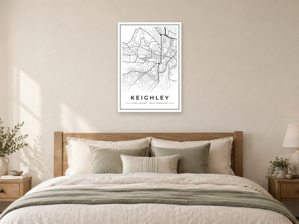 Keighley Town Centre Street Map Poster at A1, as a poster, above a bed