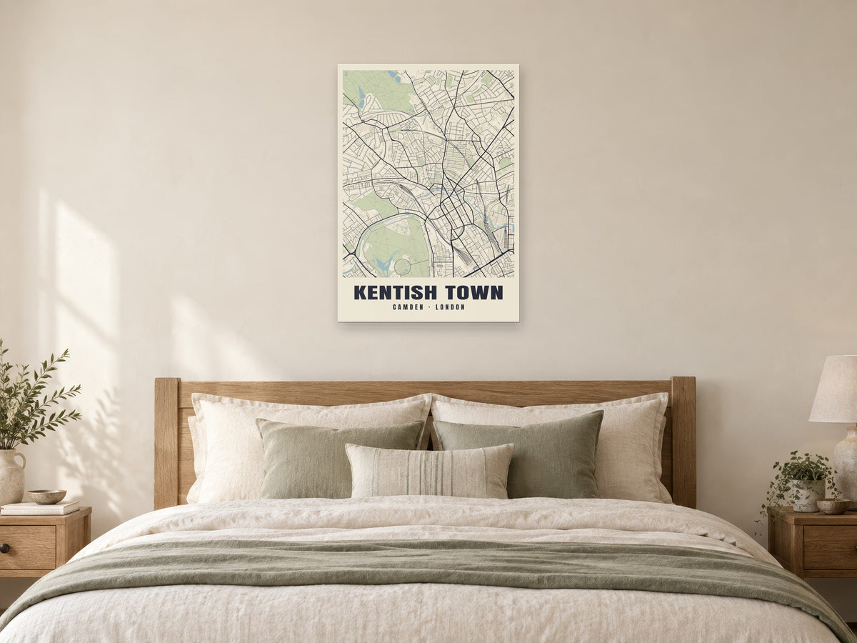 Kentish Town Heritage Street Map Poster at A1, as a poster, above a bed