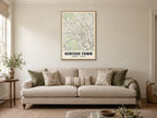 Kentish Town Heritage Street Map Poster at A1, in a natural wood frame, in a sitting room