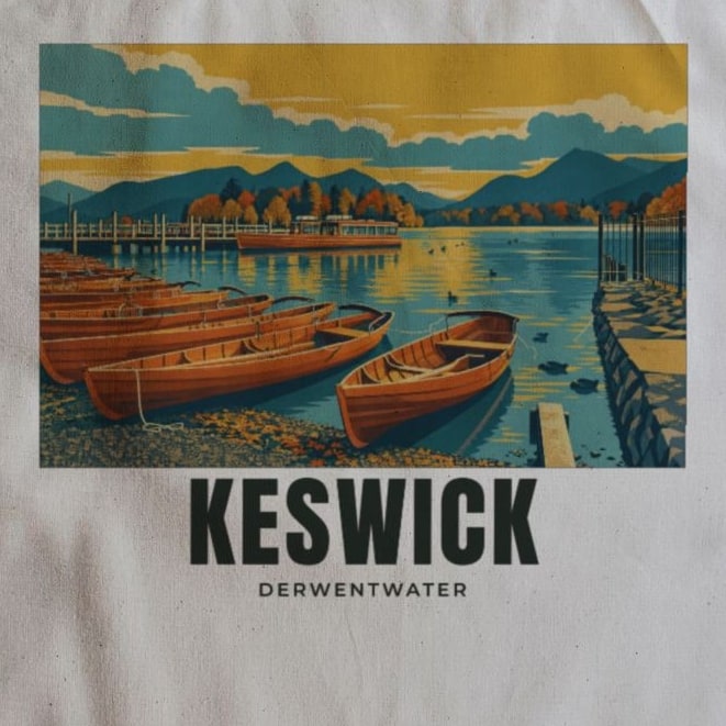 Close-up of the Derwentwater, Keswick drawing and lettering printed on natural cotton
