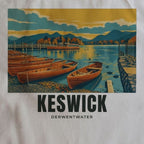 Close-up of the Derwentwater, Keswick drawing and lettering printed on natural cotton