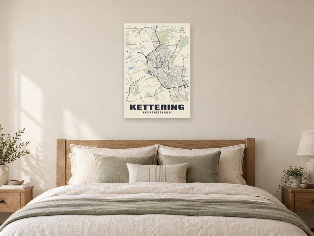 Kettering Street Map Poster at A1, as a poster, above a bed