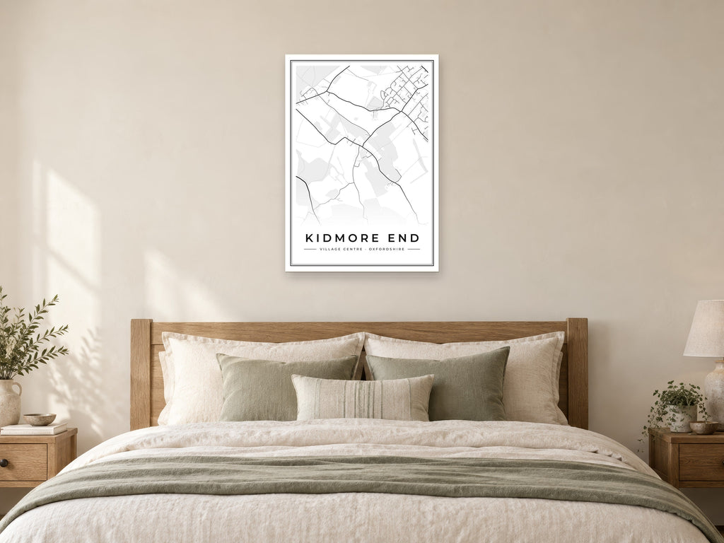 Kidmore End Village Centre Street Map Poster at A1, as a poster, above a bed