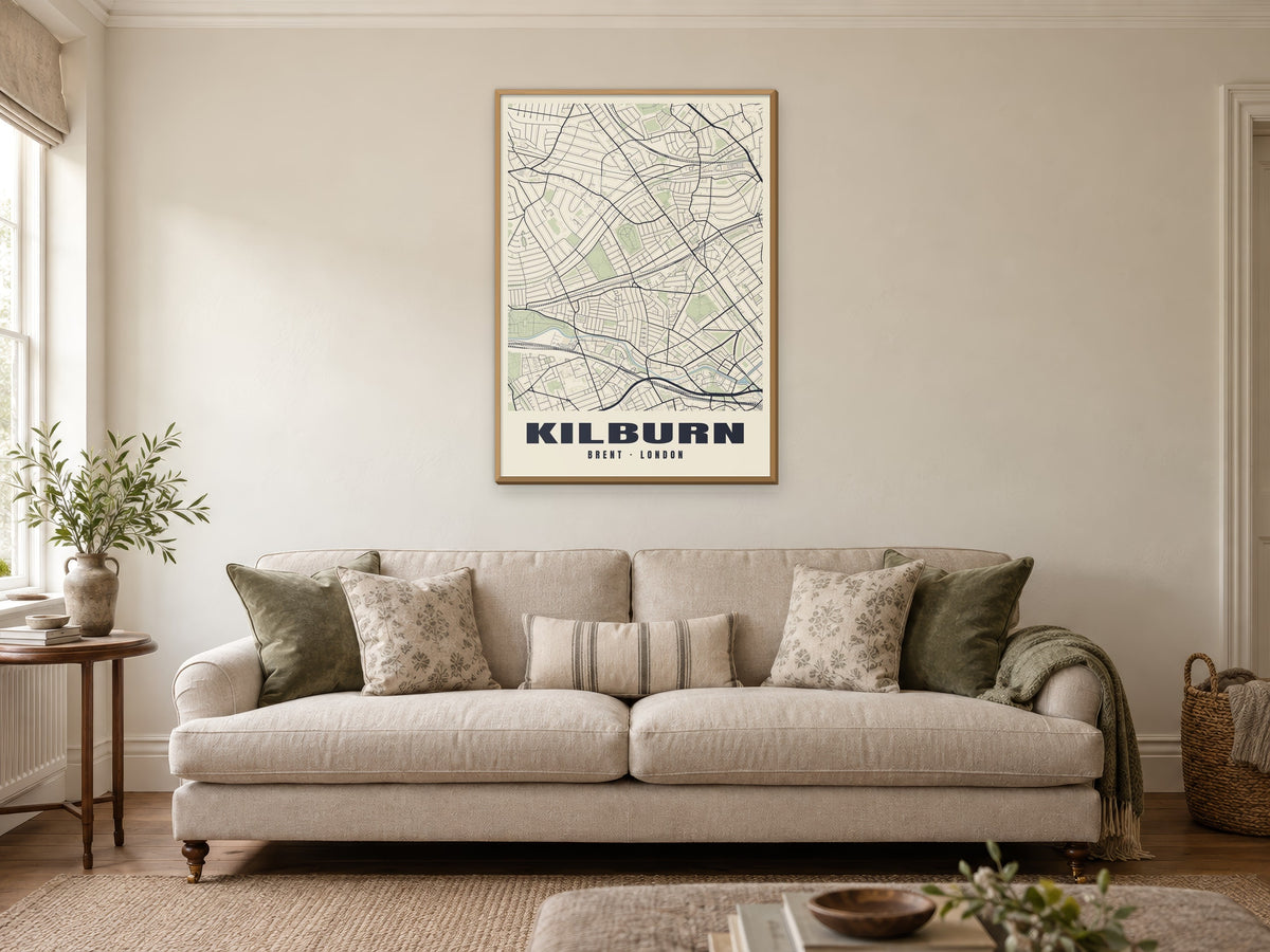 Kilburn Heritage Street Map Poster at A1, in a natural wood frame, in a sitting room