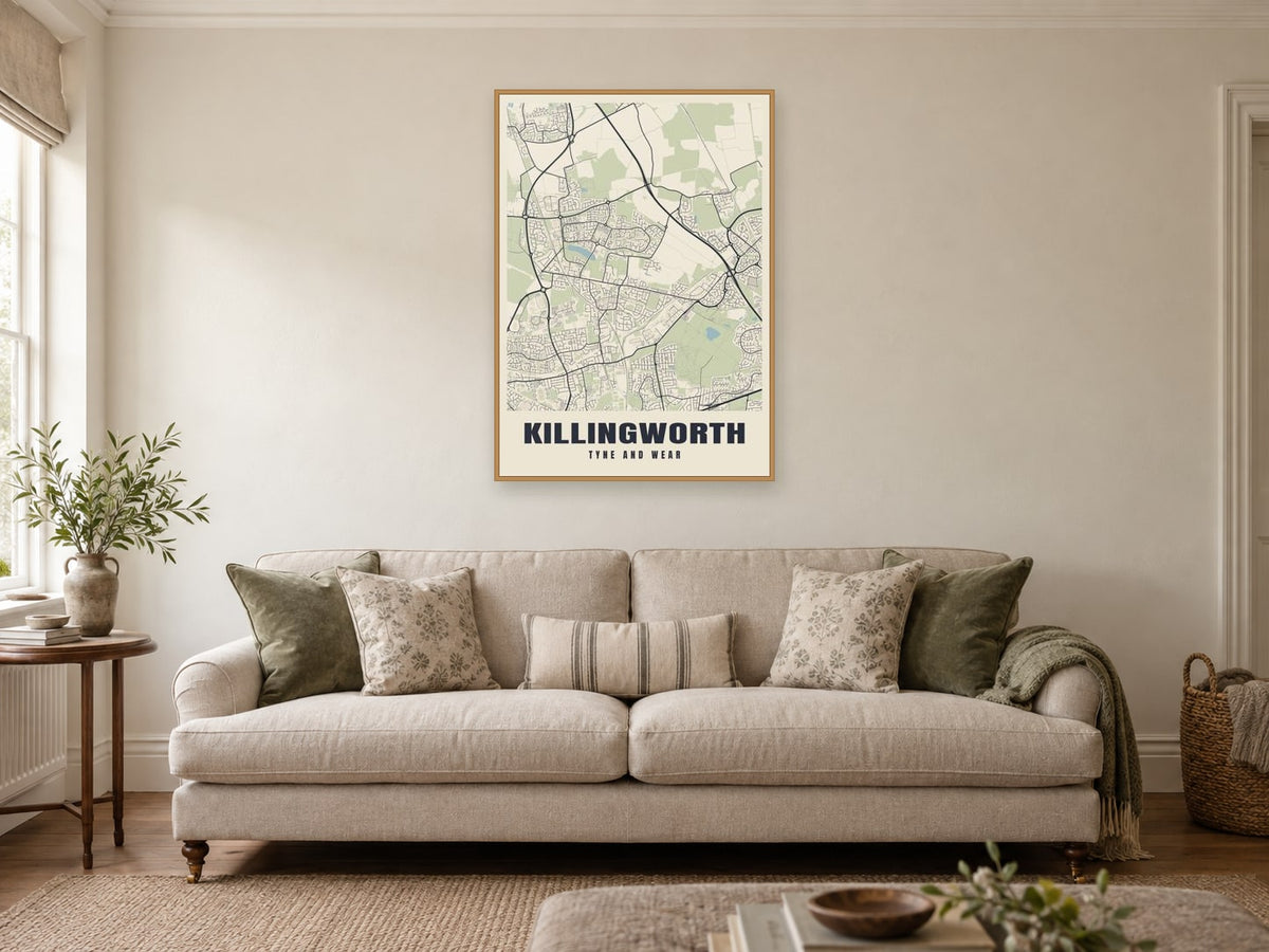 Killingworth Street Map Poster at A1, in a natural wood frame, in a sitting room