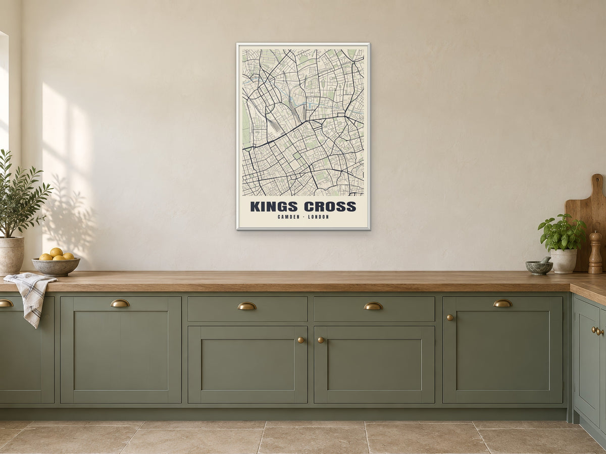 Kings Cross Heritage Street Map Poster at A1, in a white frame, in a kitchen