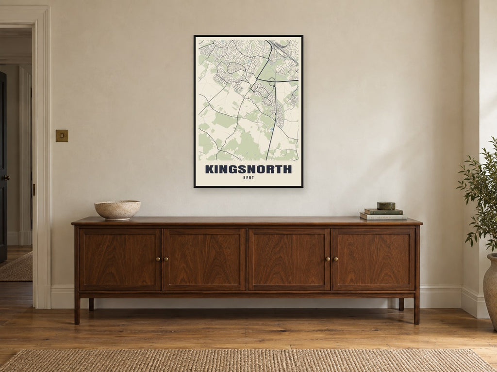 Kingsnorth Street Map Poster at A1, in a black frame, above a sideboard