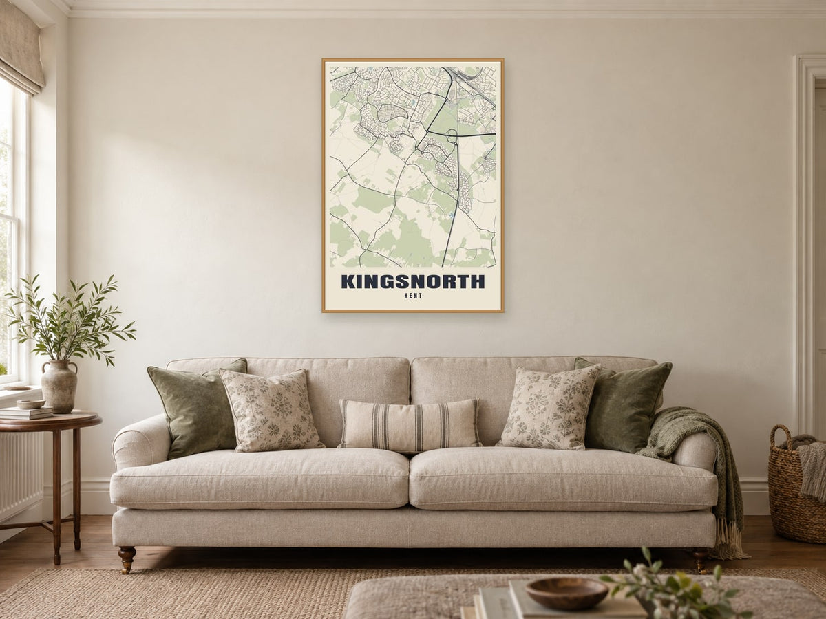 Kingsnorth Street Map Poster at A1, in a natural wood frame, in a sitting room