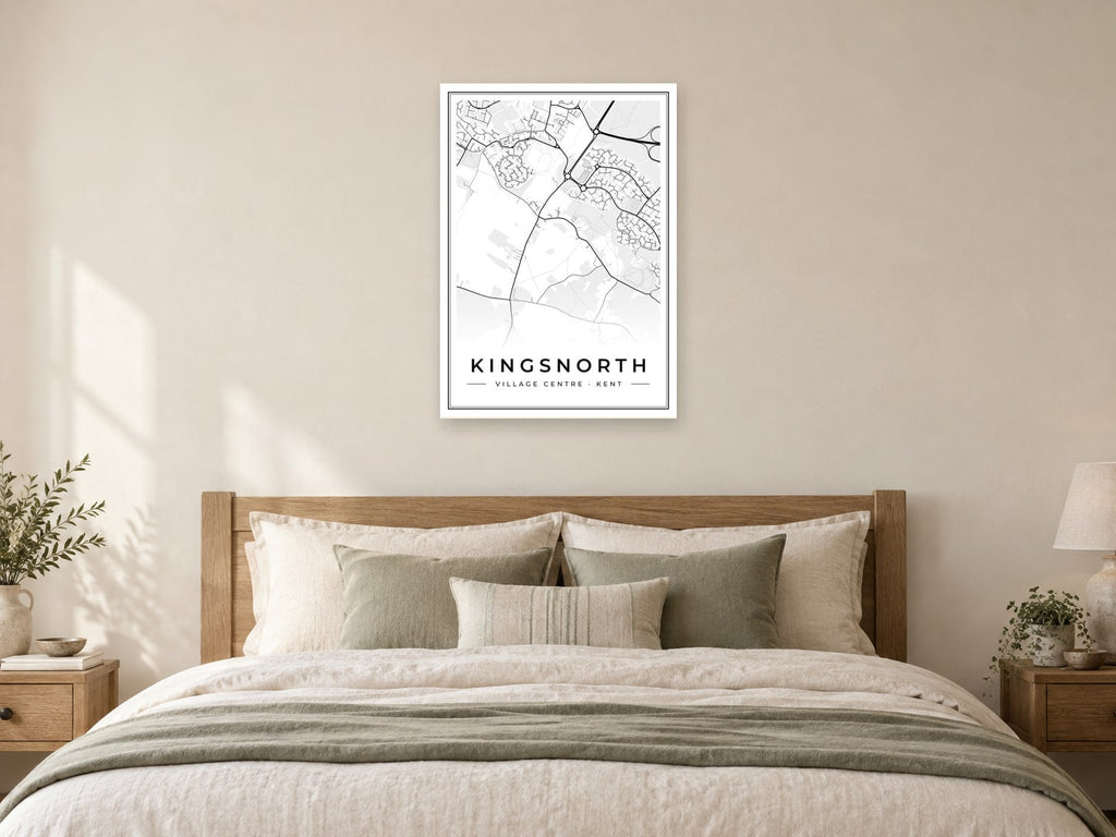 Kingsnorth Village Centre Street Map Poster at A1, as a poster, above a bed