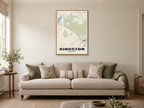 Kingston Street Map Poster at A1, in a natural wood frame, in a sitting room