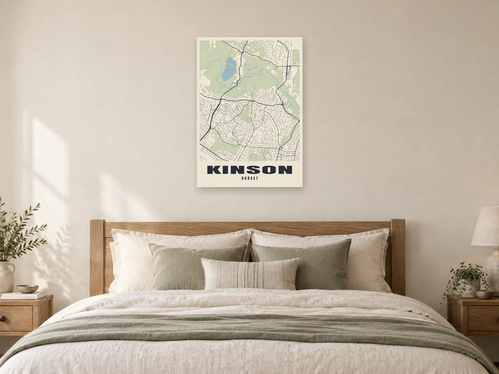 Kinson Street Map Poster at A1, as a poster, above a bed