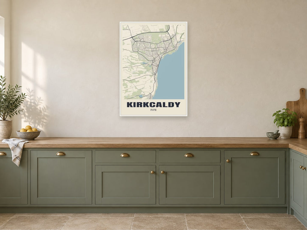 Kirkcaldy Street Map Poster at A1, in a white frame, in a kitchen