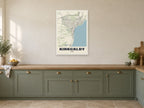 Kirkcaldy Street Map Poster at A1, in a white frame, in a kitchen