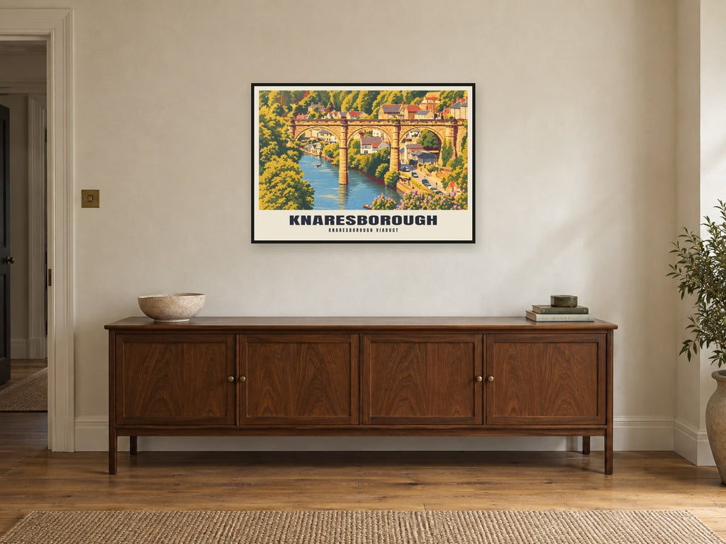 Knaresborough Viaduct Poster at A1, in a black frame, above a sideboard