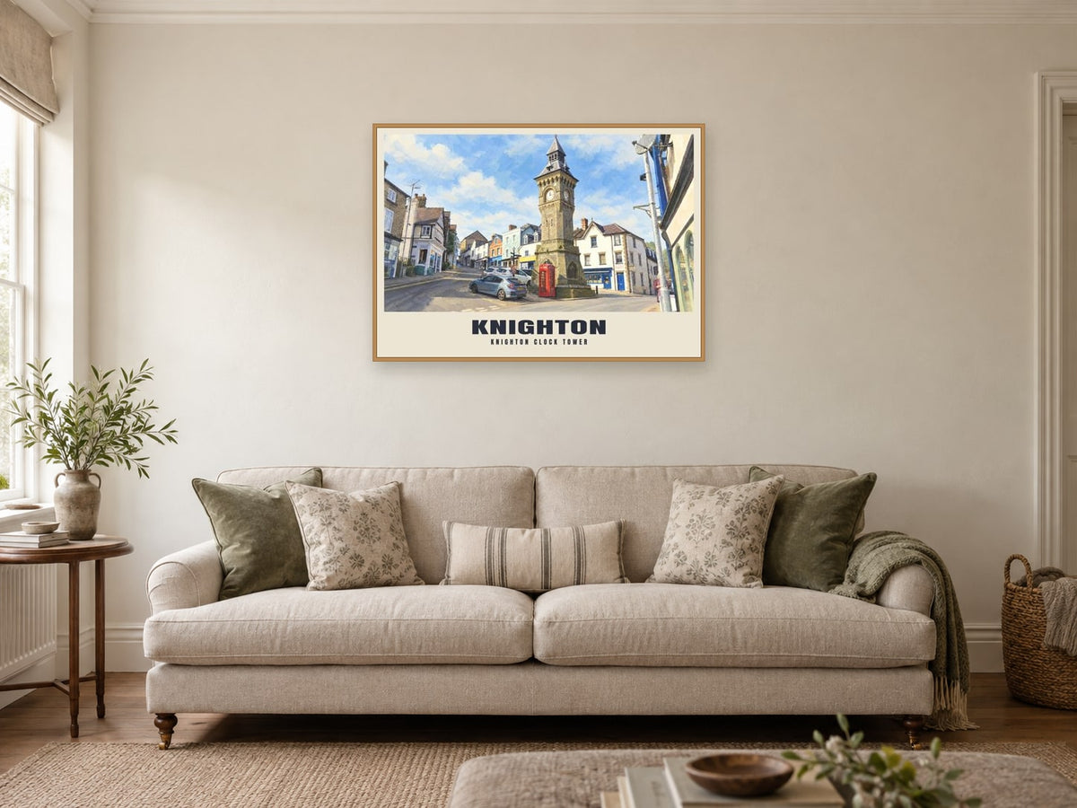 Knighton Clock Tower Poster at A1, in a natural wood frame, in a sitting room