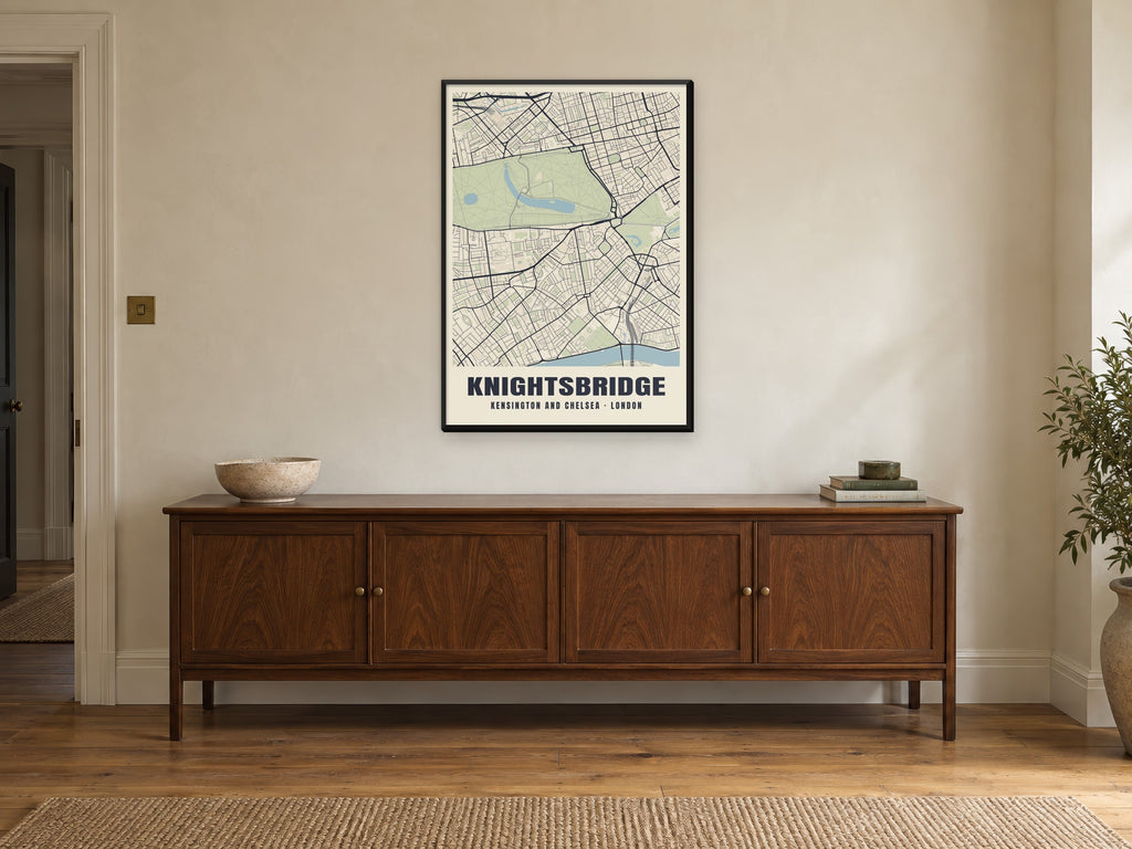 Knightsbridge Heritage Street Map Poster at A1, in a black frame, above a sideboard