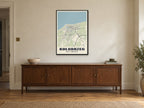 Kołobrzeg Street Map Poster at A1, in a black frame, above a sideboard