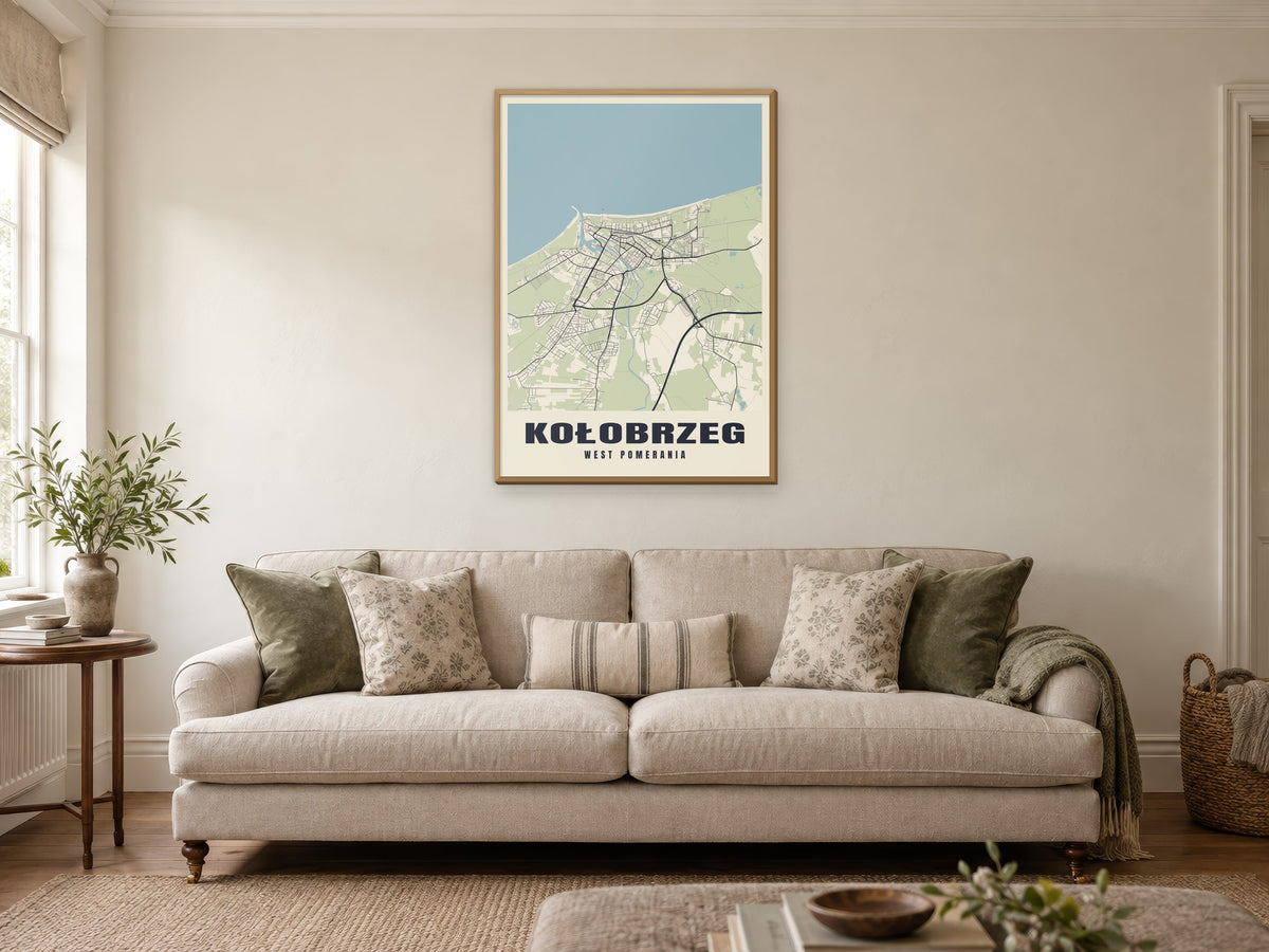 Kołobrzeg Street Map Poster at A1, in a natural wood frame, in a sitting room