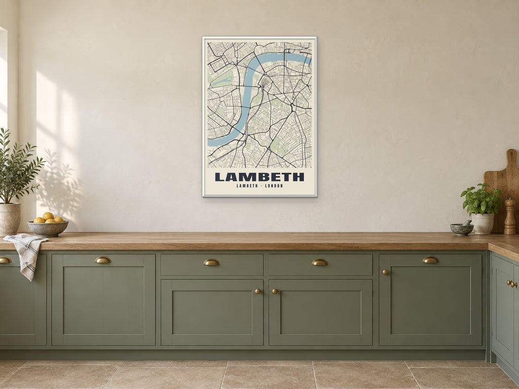 Lambeth Heritage Street Map Poster at A1, in a white frame, in a kitchen