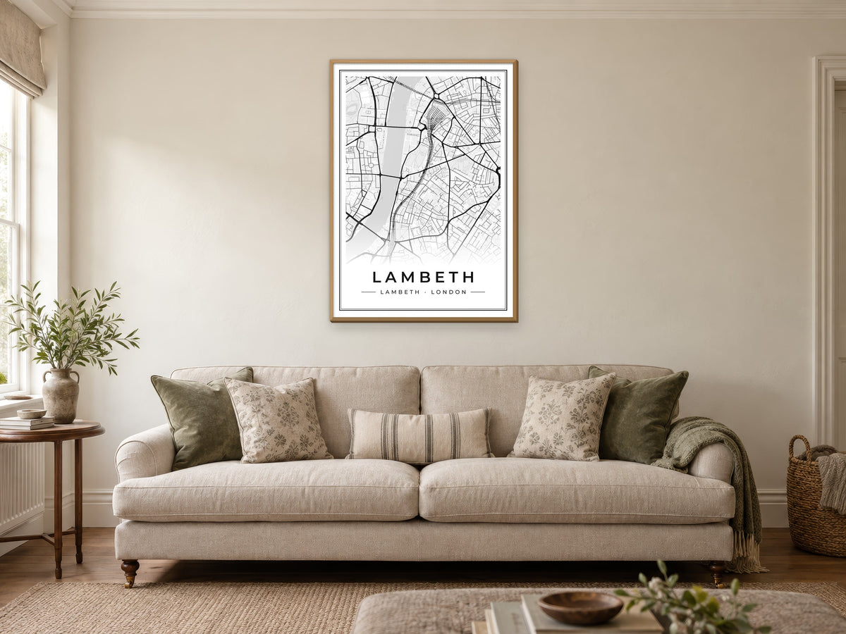 Lambeth Street Map Poster at A1, in a natural wood frame, in a sitting room