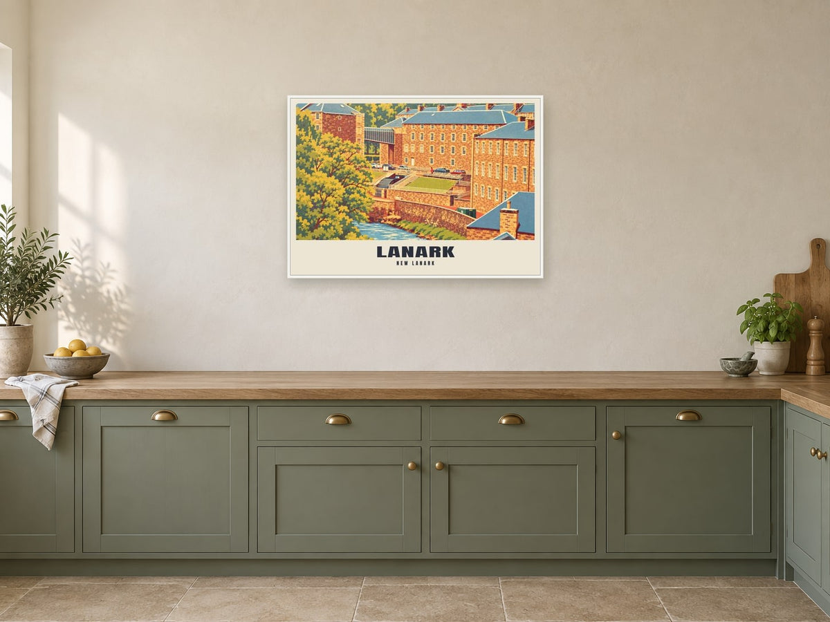 New Lanark Poster at A1, in a white frame, in a kitchen