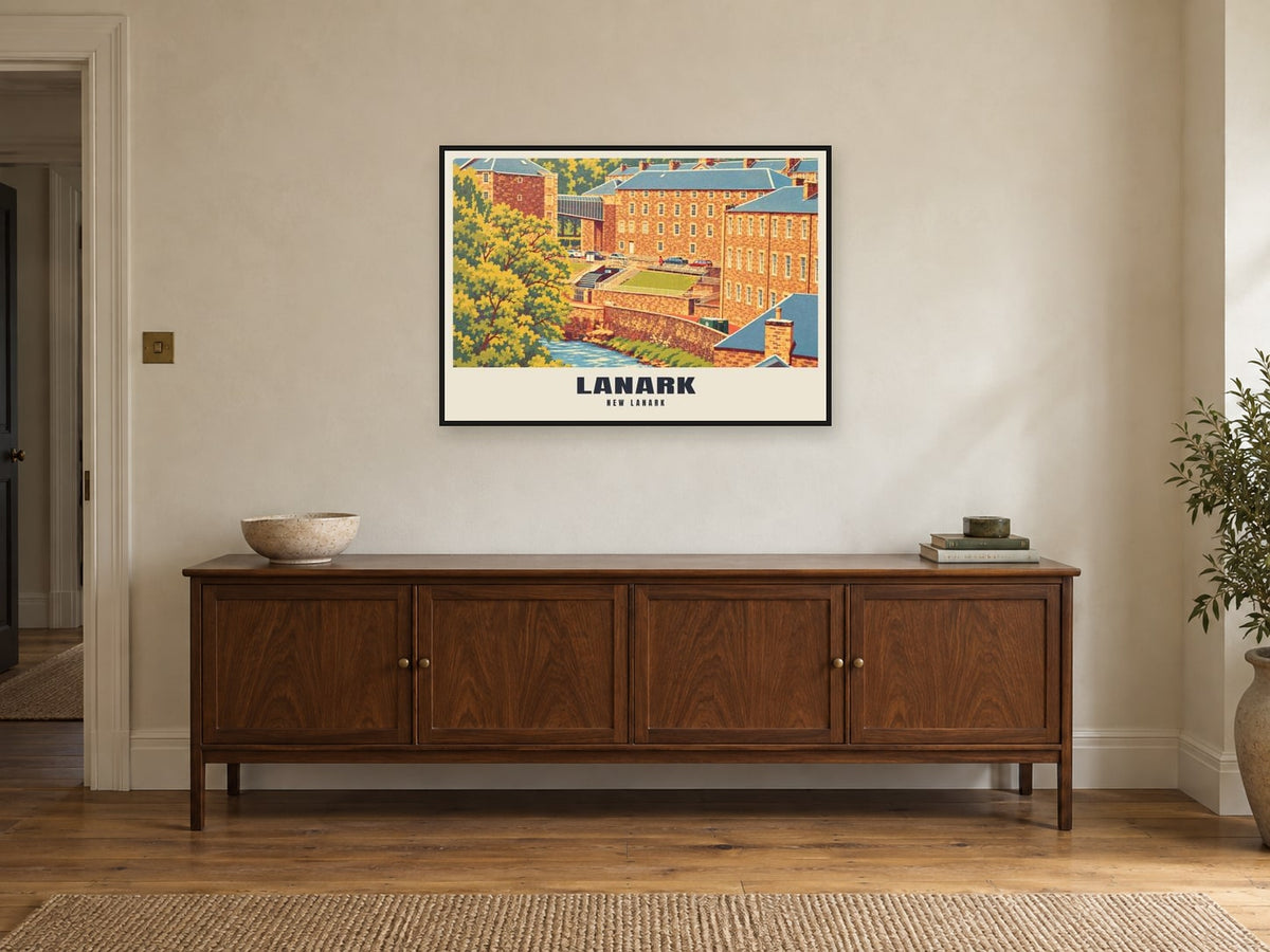 New Lanark Poster at A1, in a black frame, above a sideboard