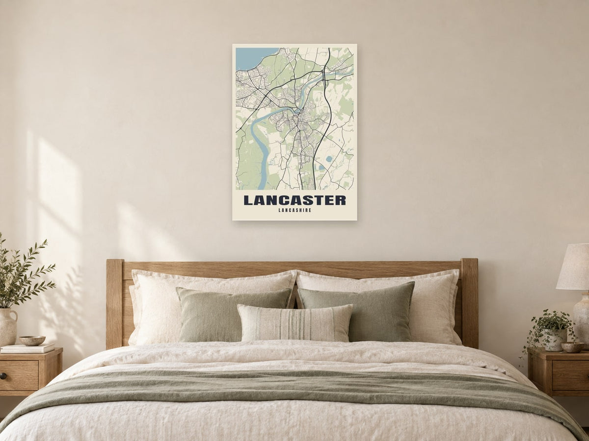 Lancaster Street Map Poster at A1, as a poster, above a bed