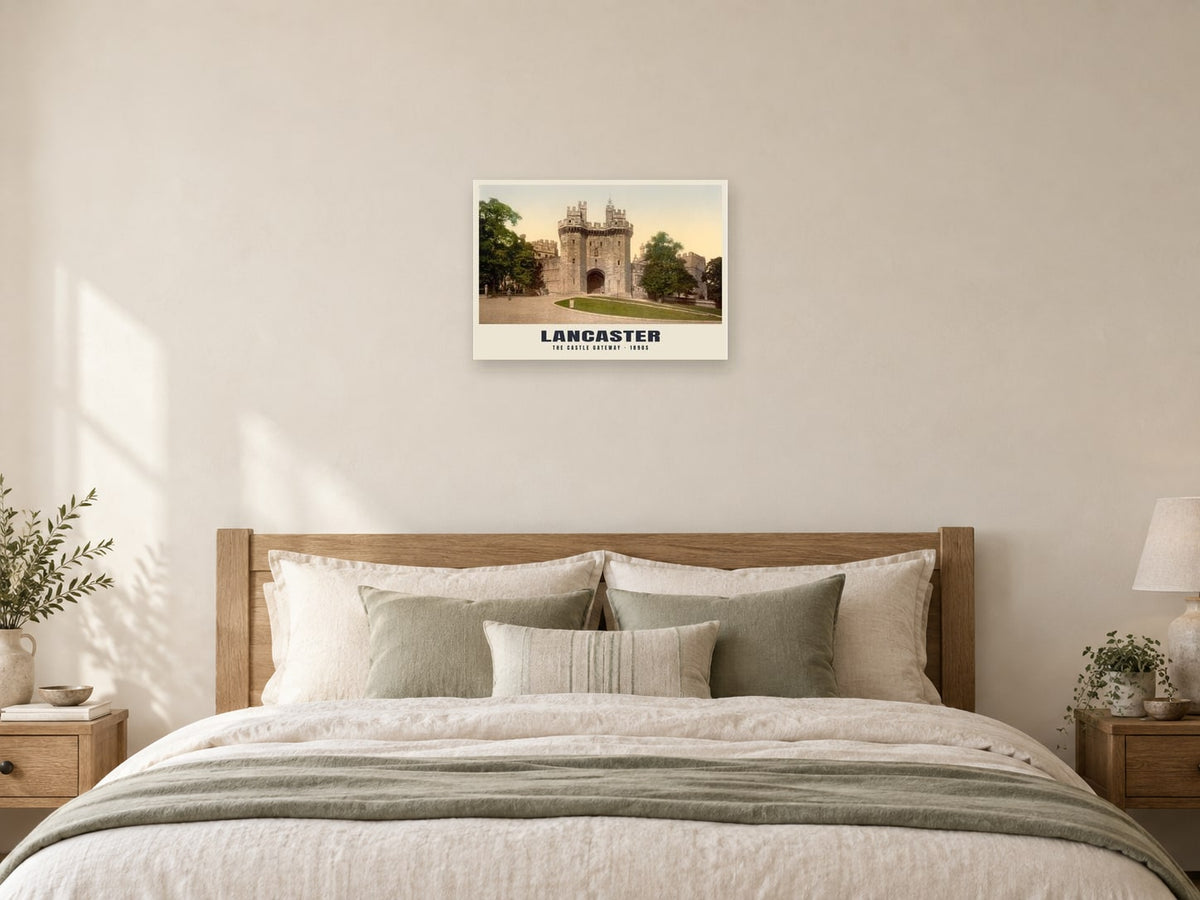 The Castle Gateway, Lancaster, 1890s Heritage Print at A2, as a poster, above a bed