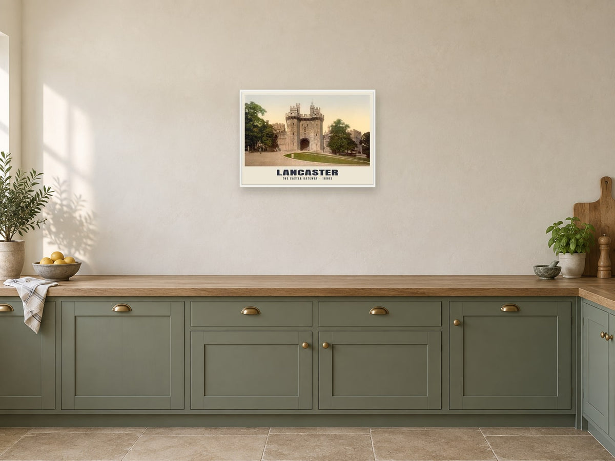 The Castle Gateway, Lancaster, 1890s Heritage Print at A2, in a white frame, in a kitchen