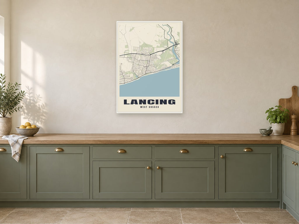 Lancing Street Map Poster at A1, in a white frame, in a kitchen