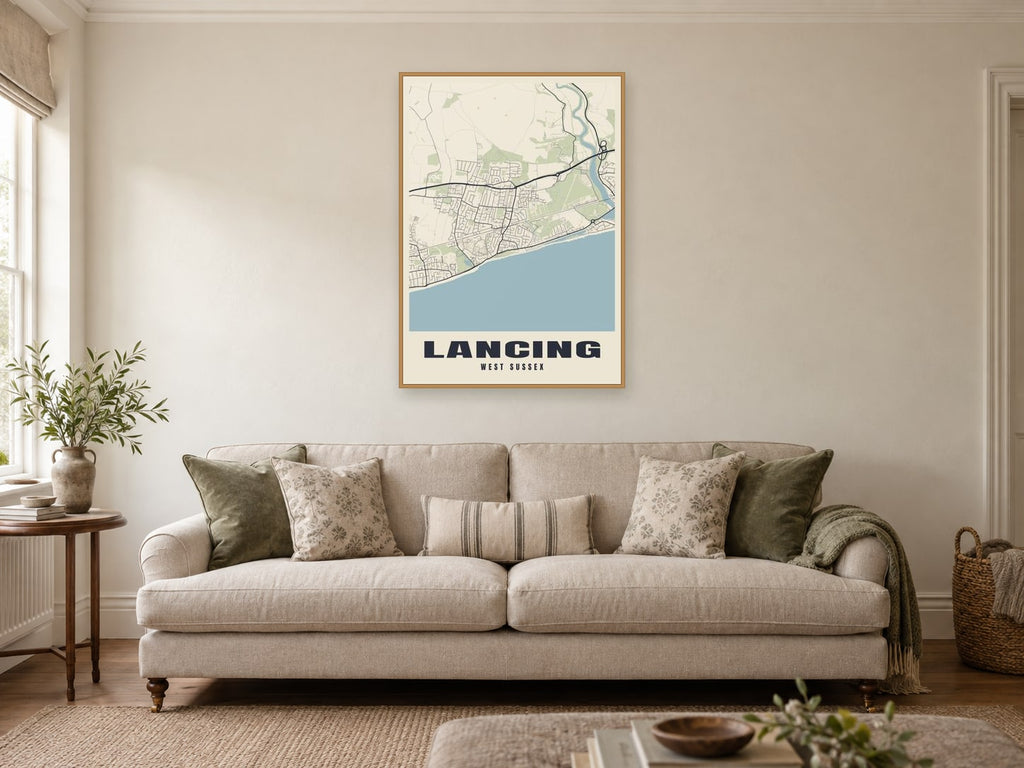 Lancing Street Map Poster at A1, in a natural wood frame, in a sitting room