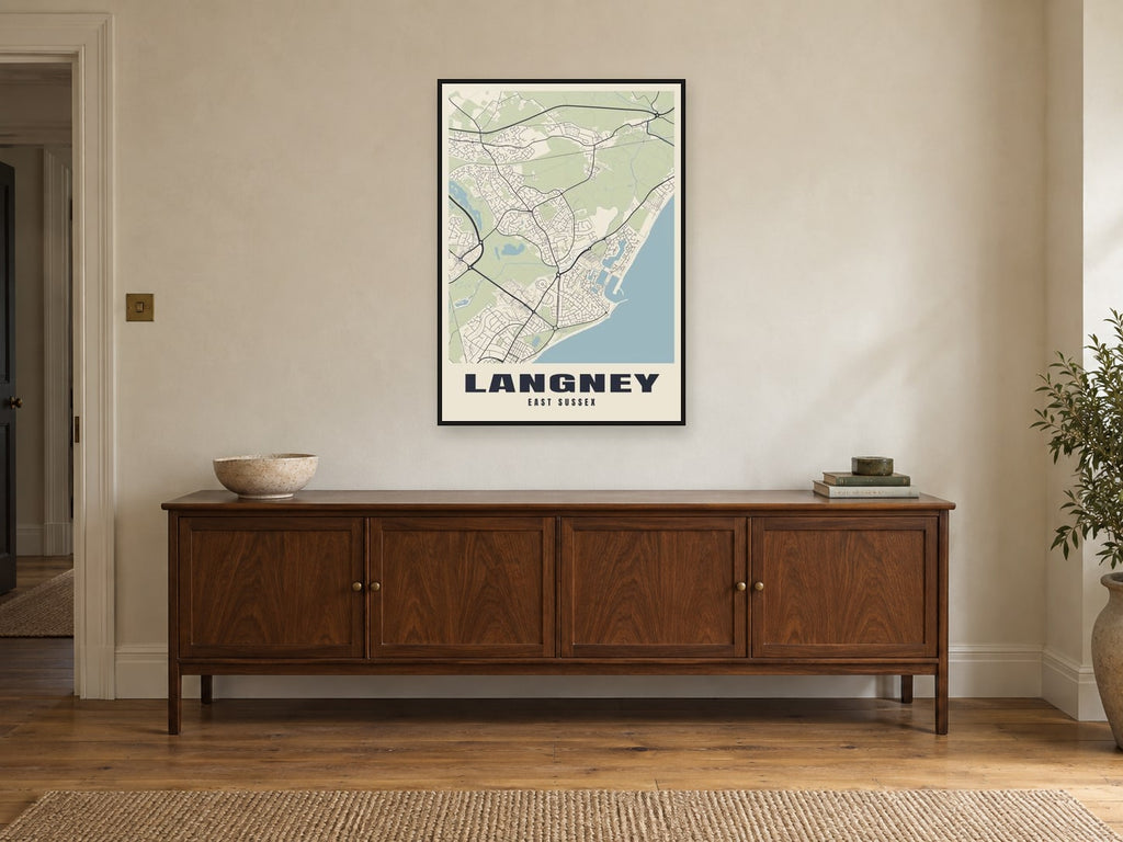 Langney Street Map Poster at A1, in a black frame, above a sideboard