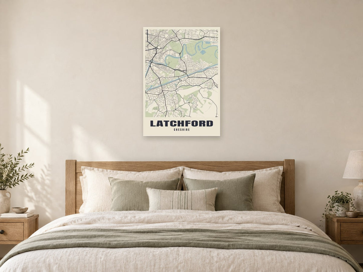 Latchford Street Map Poster at A1, as a poster, above a bed