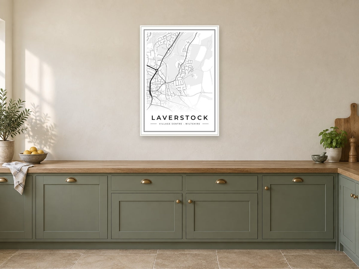 Laverstock Village Centre Street Map Poster at A1, in a white frame, in a kitchen