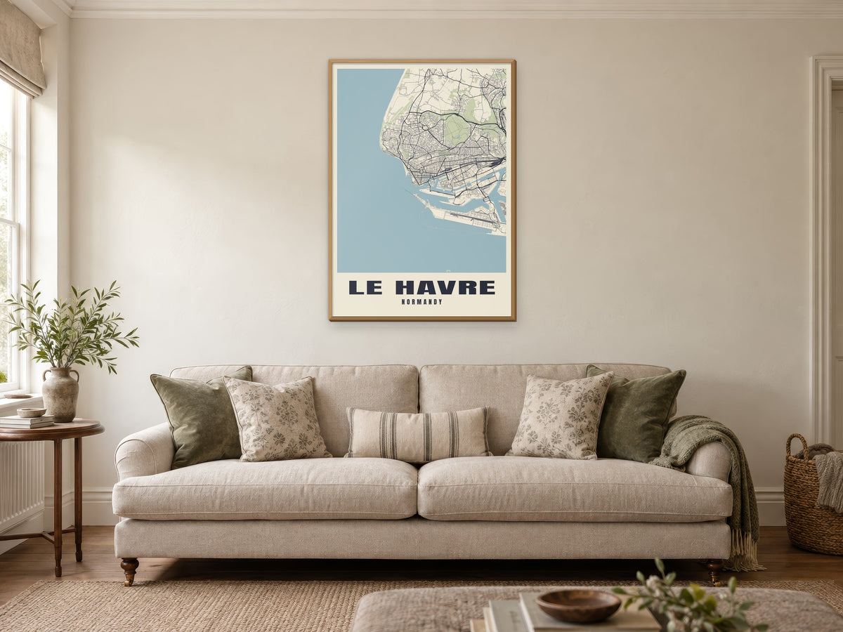 Le Havre Street Map Poster at A1, in a natural wood frame, in a sitting room