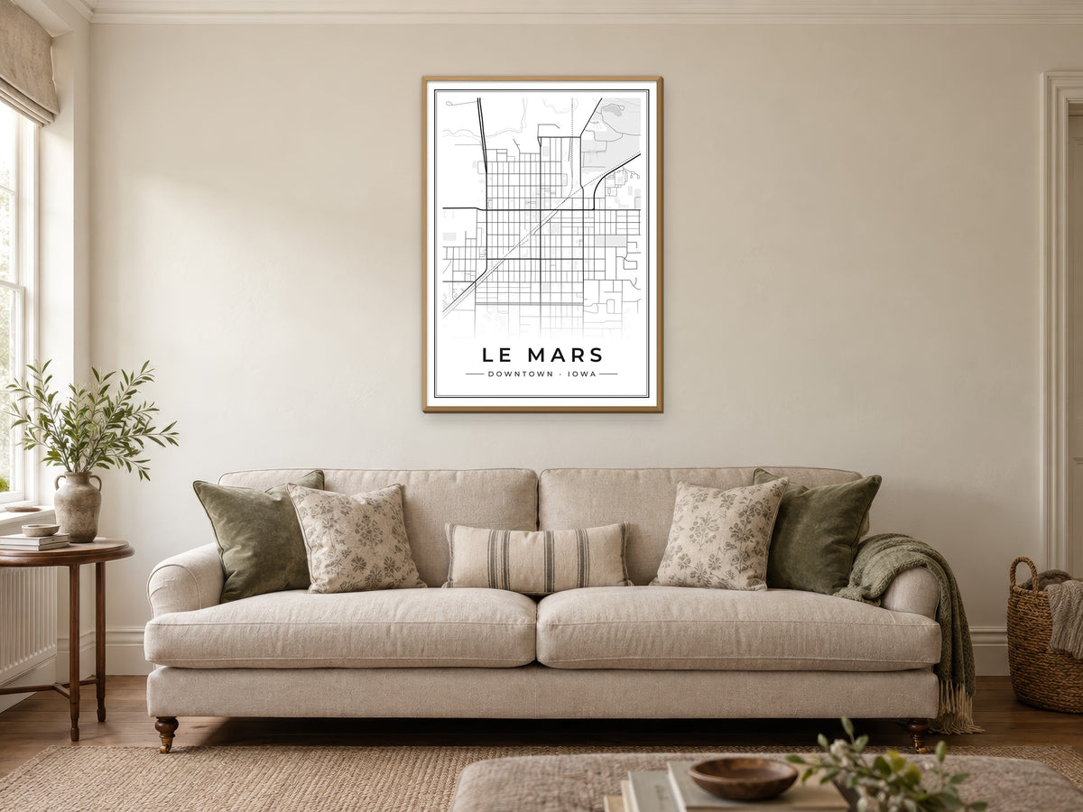 Le Mars Downtown Street Map Poster at A1, in a natural wood frame, in a sitting room