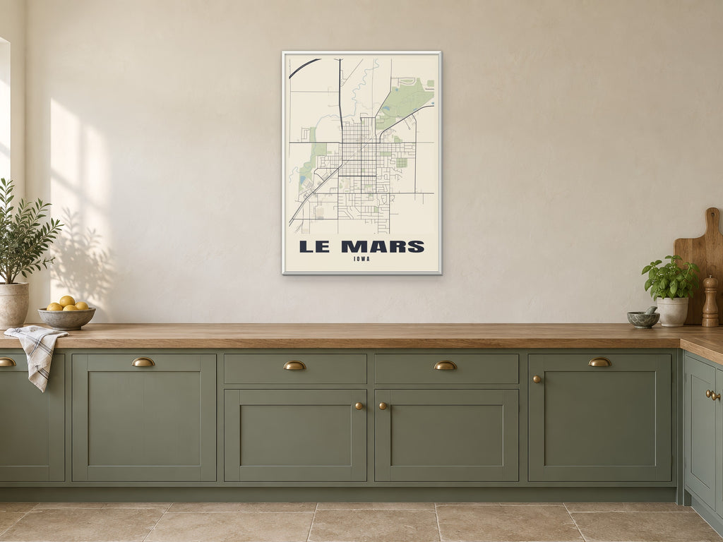 Le Mars Street Map Poster at A1, in a white frame, in a kitchen