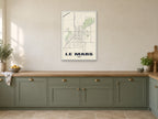 Le Mars Street Map Poster at A1, in a white frame, in a kitchen