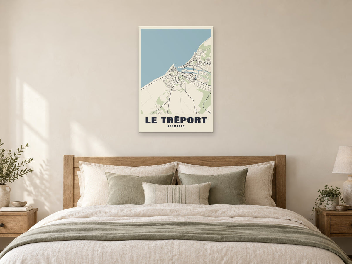 Le Tréport Street Map Poster at A1, as a poster, above a bed