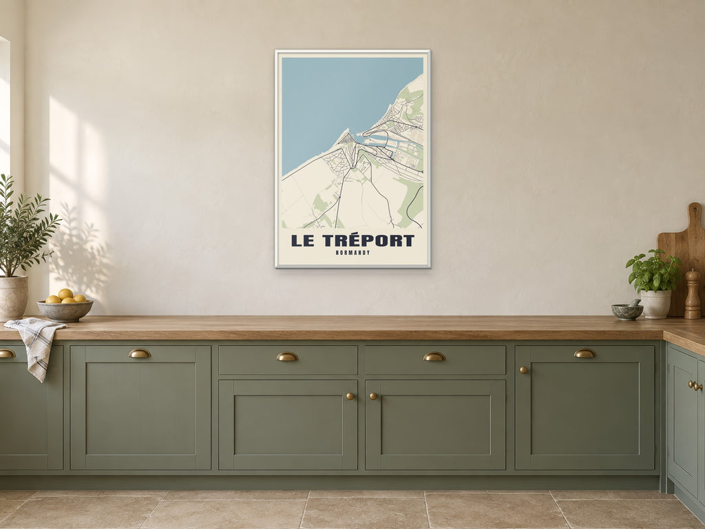 Le Tréport Street Map Poster at A1, in a white frame, in a kitchen