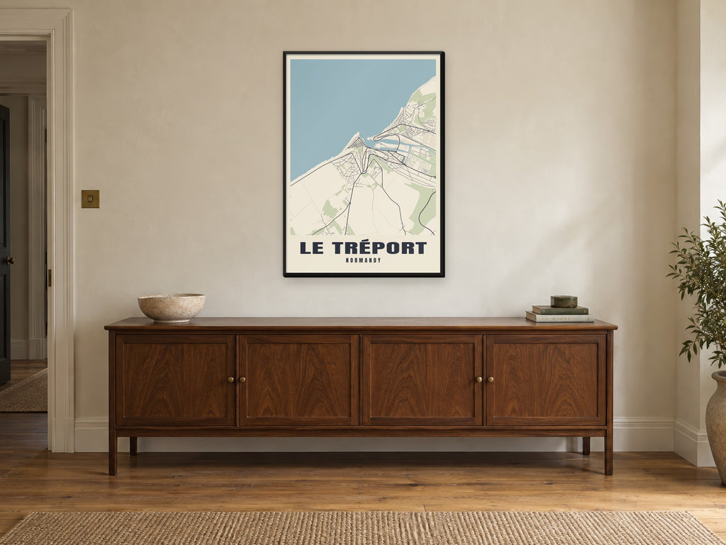 Le Tréport Street Map Poster at A1, in a black frame, above a sideboard