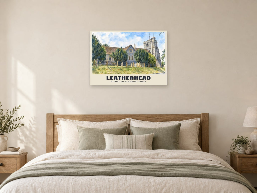 St Mary and St Nicholas Church, Leatherhead Poster at A1, as a poster, above a bed