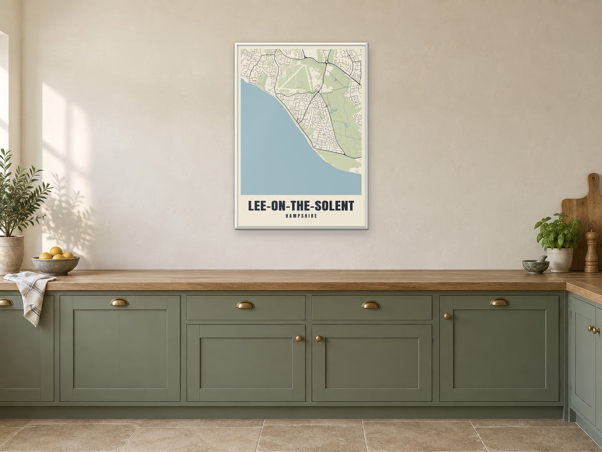 Lee-on-the-Solent Street Map Poster at A1, in a white frame, in a kitchen