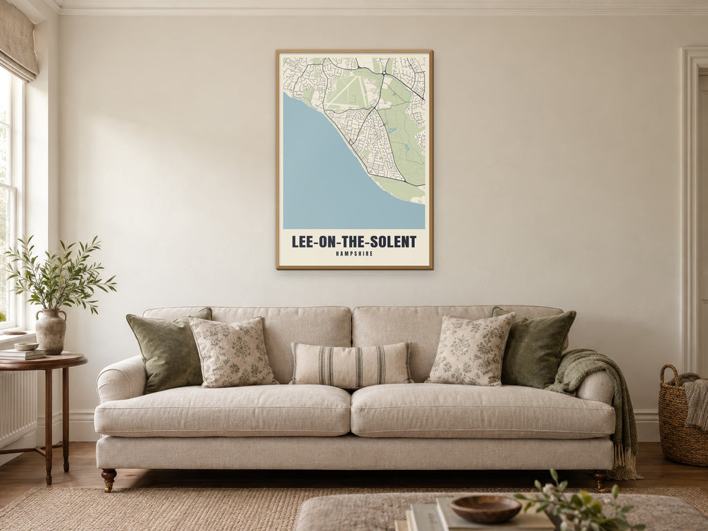 Lee-on-the-Solent Street Map Poster at A1, in a natural wood frame, in a sitting room