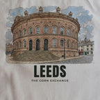 Close-up of the The Corn Exchange, Leeds drawing and lettering printed on natural cotton
