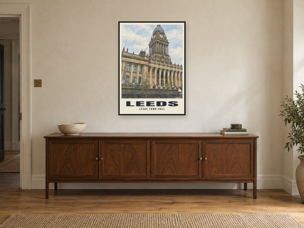 Leeds Town Hall Poster at A1, in a black frame, above a sideboard