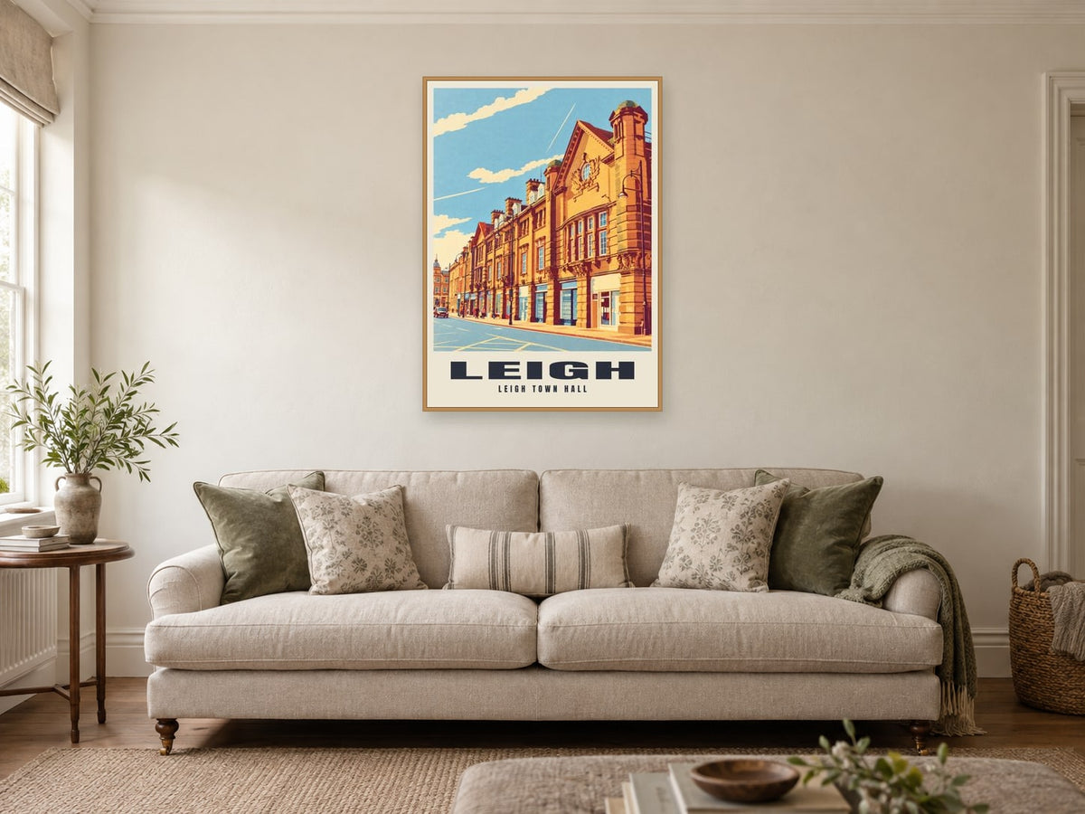 Leigh Town Hall Poster at A1, in a natural wood frame, in a sitting room