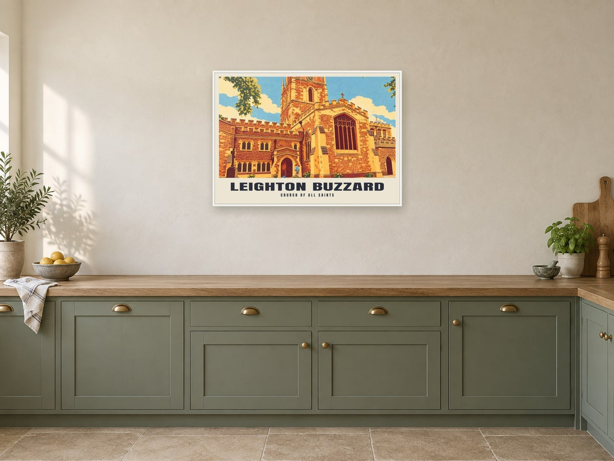 Church of All Saints, Leighton Buzzard Poster at A1, in a white frame, in a kitchen